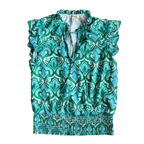 Womens colorful top Green & Blue Geometric Print Ruffle Blouse – Size Medium - Picture 1 of 6